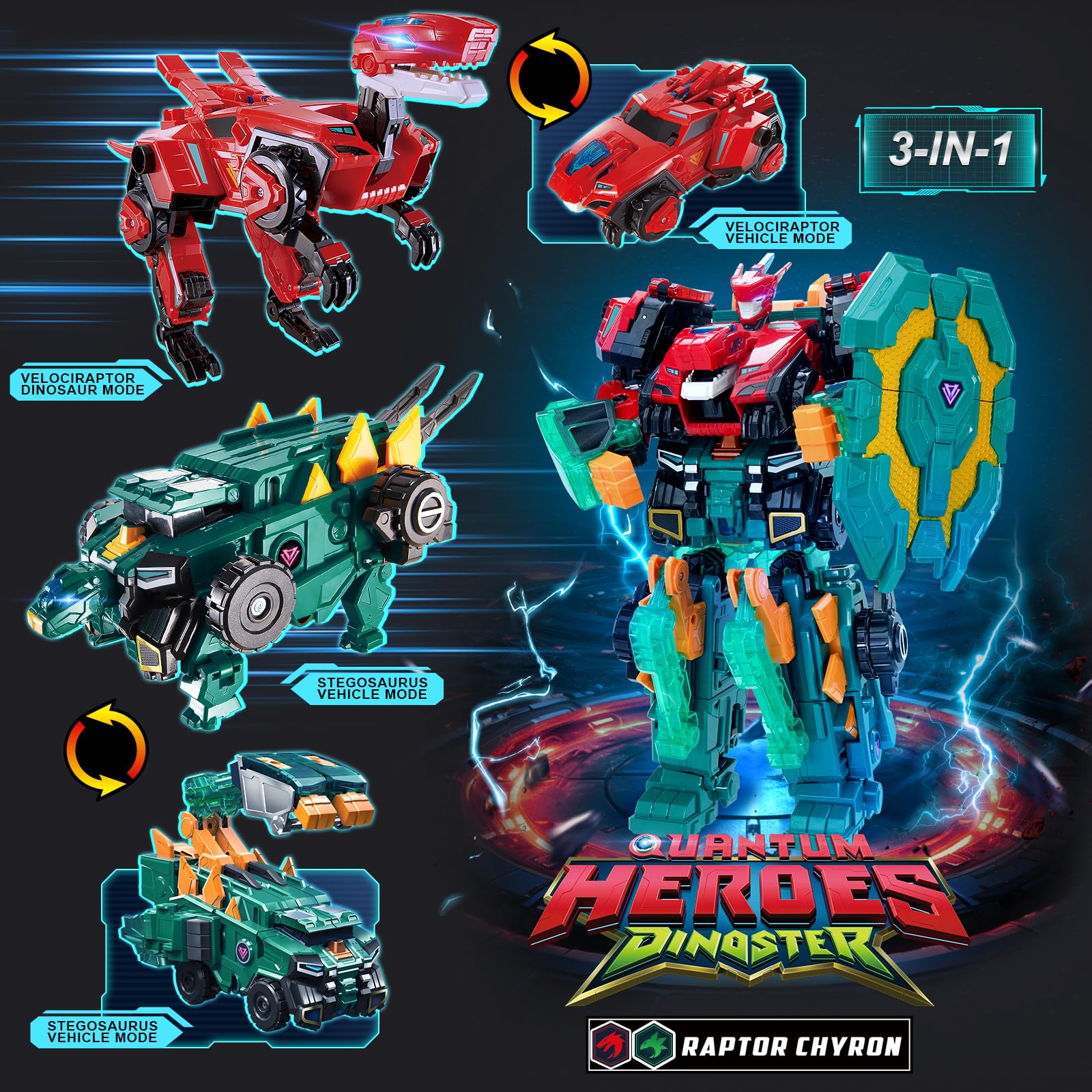 QUANTUM HEROES DINOSTER Raptor Chyron 3 in 1 Robot Transformer